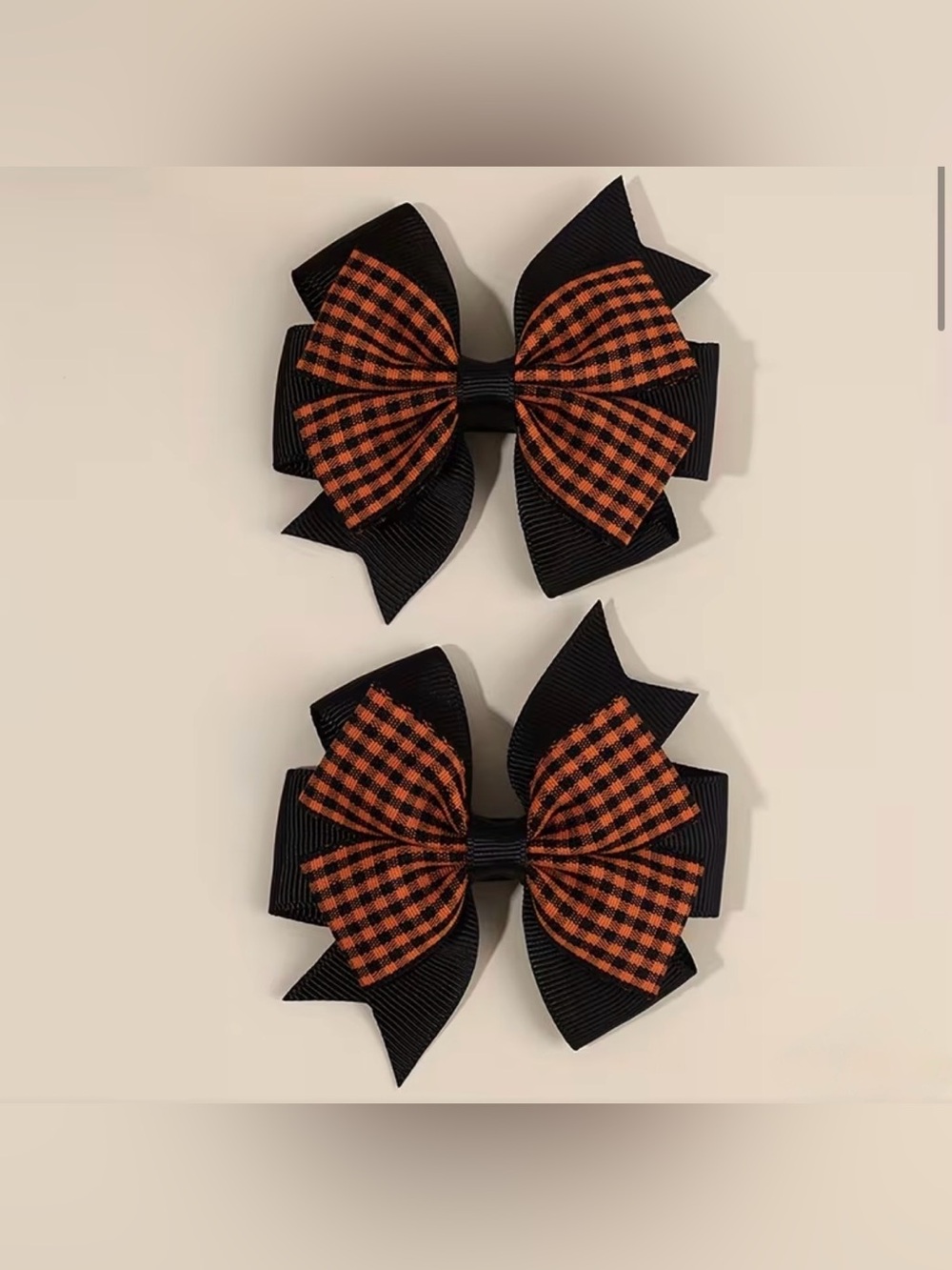 Black and Orange Gingham Layered Hair Bows - Set of 2